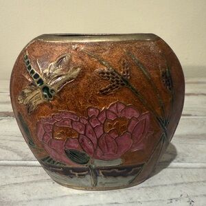 Vintage Dragonfly Floral Brass Cloisonne Bud Vase Enamel Flat Pink Water Lilies